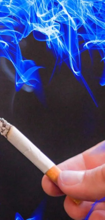 Hand holding cigarette with blue flame backdrop.