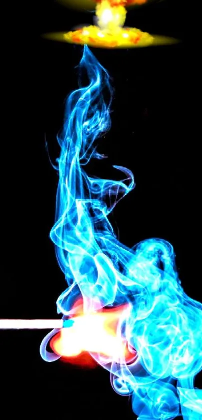 Dynamic wallpaper with blue smoke and fiery explosion on a dark background.