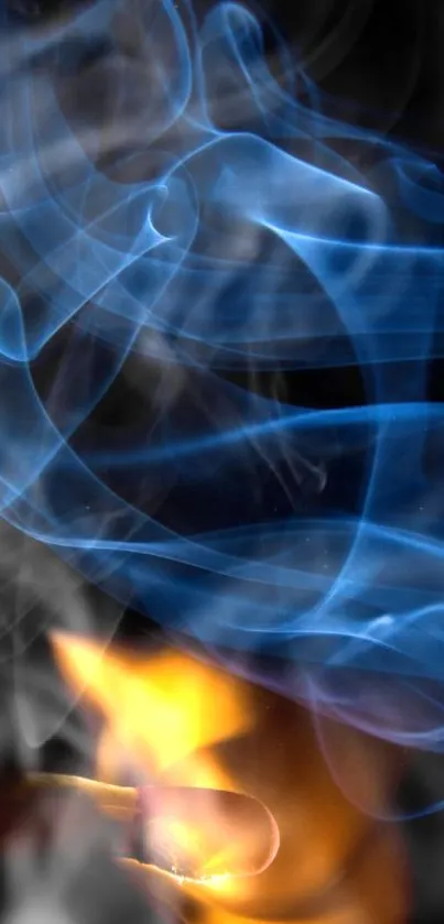 Mobile wallpaper with blue smoke and orange flame swirling dynamically.