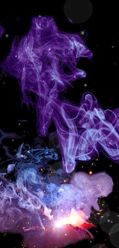 Abstract mobile wallpaper with purple smoke and sparks.