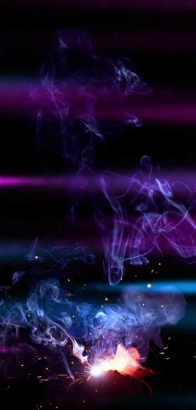 Vibrant abstract wallpaper with purple smoke and glowing sparks on black.