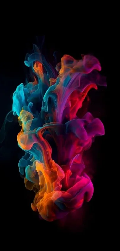 Vibrant smoke art with colorful swirls on a black background.