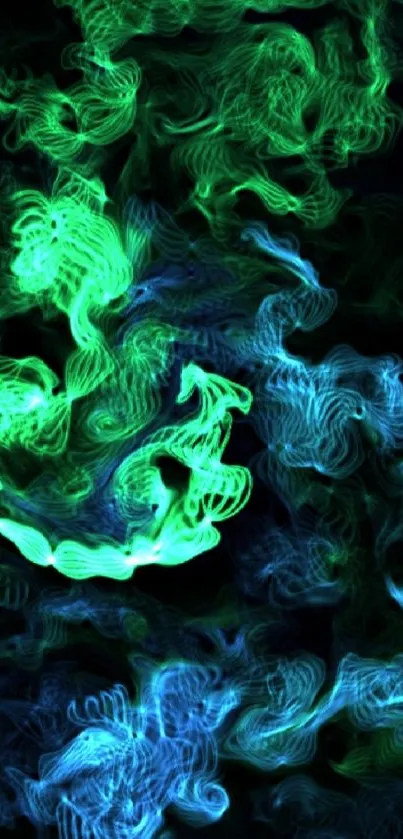 Vibrant green and blue smoke art wallpaper with dynamic abstract patterns.