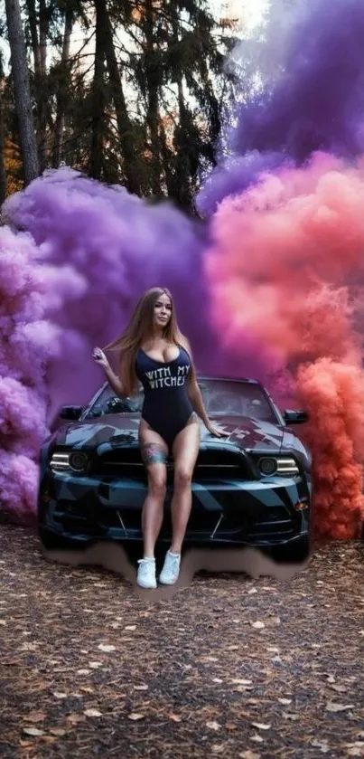 Vibrant wallpaper featuring purple smoke and a black car in a forest.