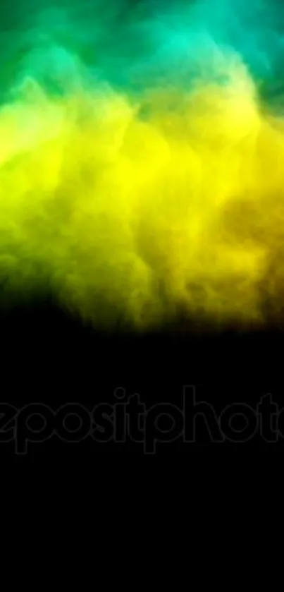 Vibrant yellow and green smoke cloud on black background.