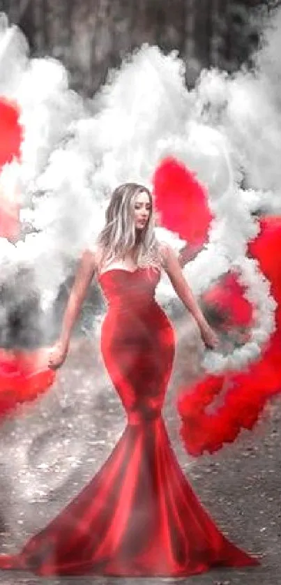 Woman in a red dress amidst vibrant red and white smoke in a forest path.