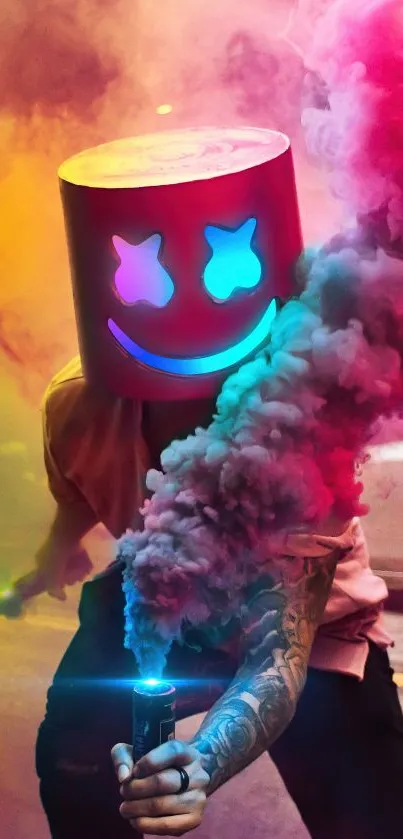 Person wearing a mask with colorful smoke effect background.