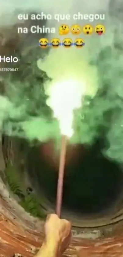 Colorful smoke flare emerging from a tube creating a vibrant visual effect.