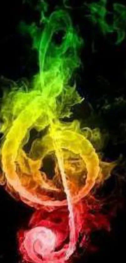 Colorful smoke treble clef design on black background.