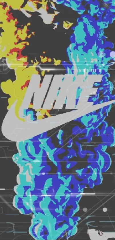 Vibrant Nike wallpaper with blue and yellow smoke effects.