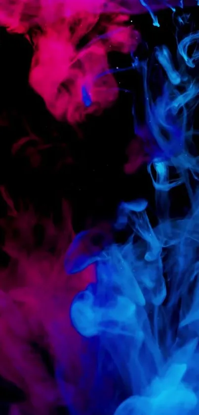 Vibrant blue and pink smoke art on black background.