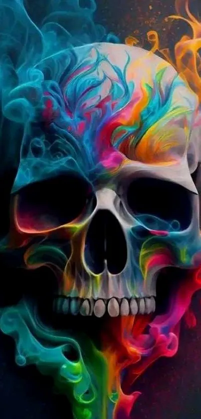 Vibrant skull surrounded by colorful smoke flames.