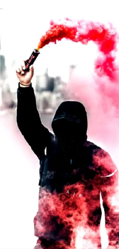 Hooded figure with red smoke in urban setting, dynamic mobile wallpaper.