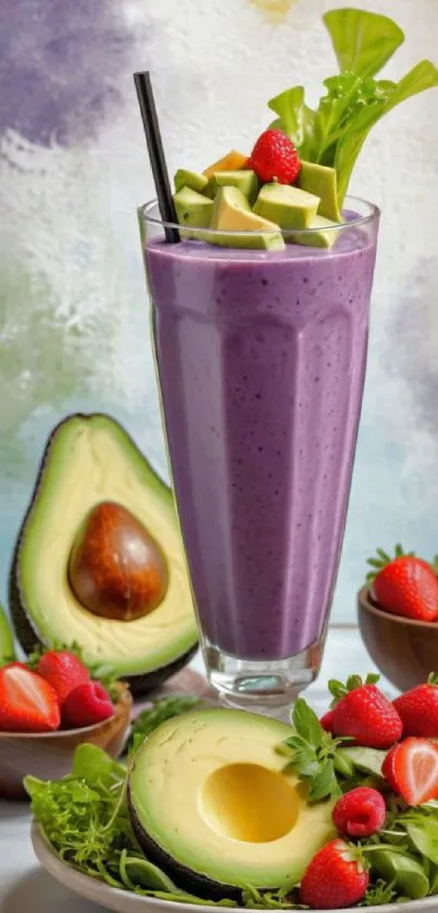 Purple smoothie with avocado and strawberries.