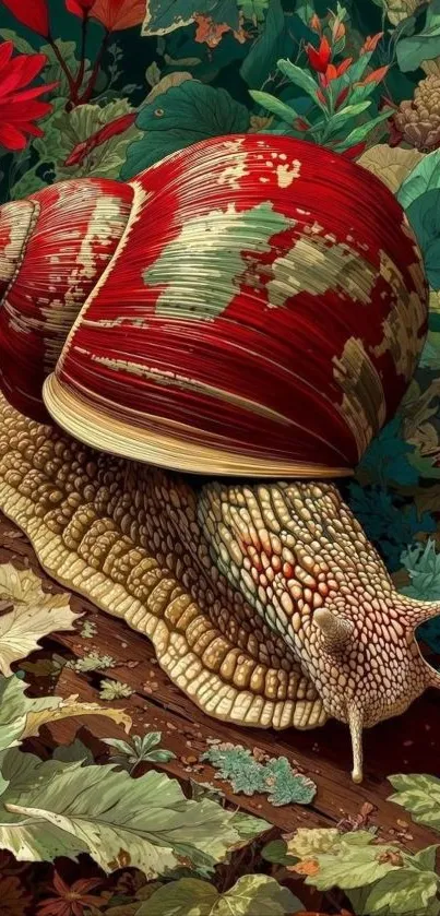 Artistic depiction of a snail with vibrant red shell in a botanical setting.