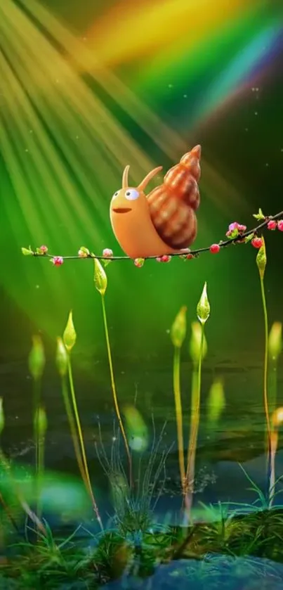 Colorful snail on a branch in a vibrant nature scene.