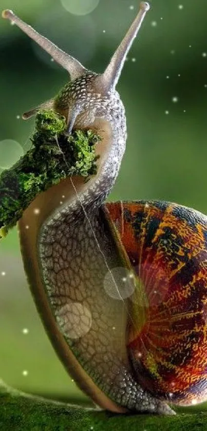 Detailed snail on lush green background mobile wallpaper.