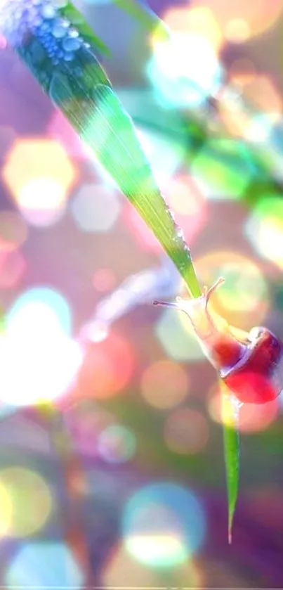 Snail on a dewy leaf with colorful bokeh background.