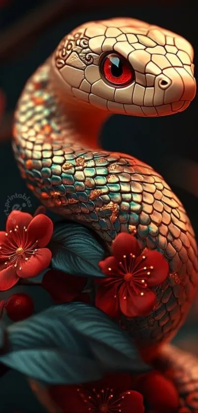 Vibrant snake wrapped among red flowers.