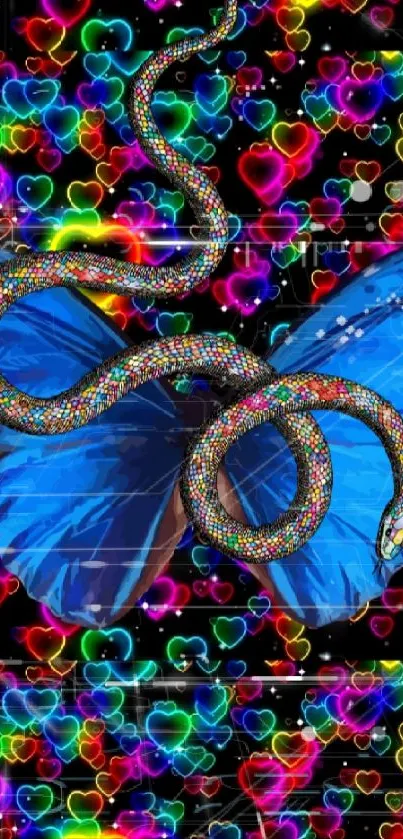 Colorful snake and blue butterfly with glowing hearts background wallpaper.