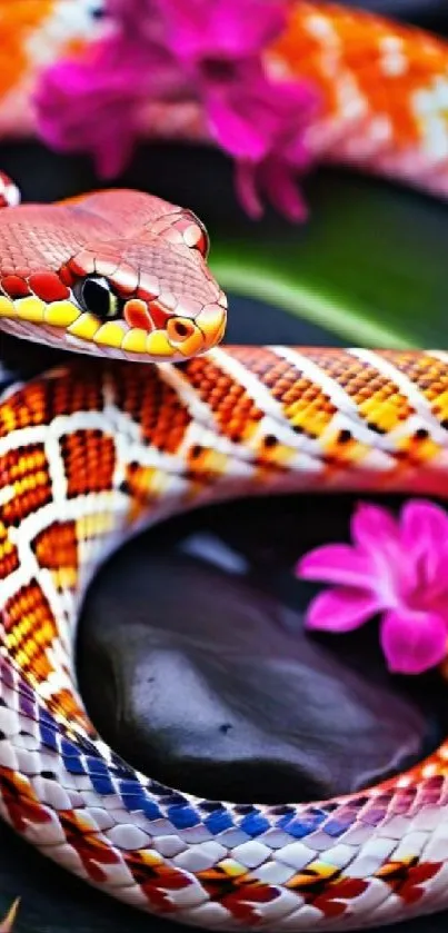 Colorful snake coiled with purple flowers on a dark background.