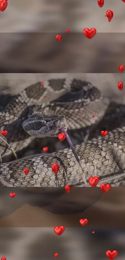 Coiled snake with red hearts background wallpaper.