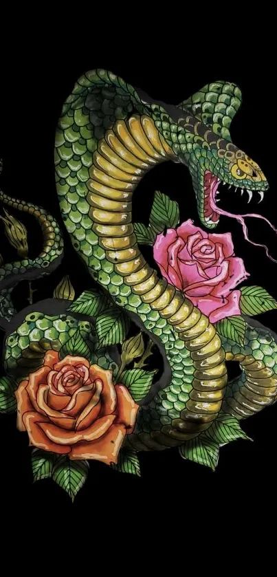 Artistic wallpaper with snake and roses on black background.