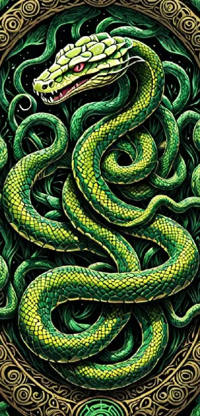 Green snake with intricate scales and patterns on black background.