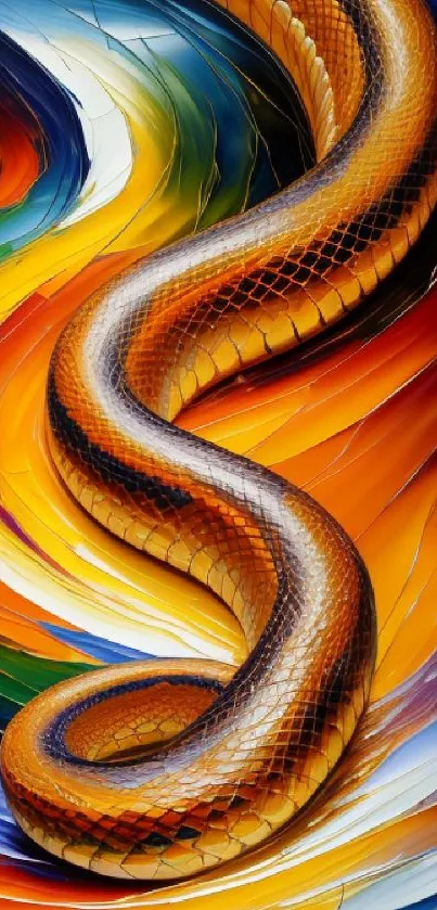 Vibrant orange snake with abstract colorful background on mobile wallpaper.