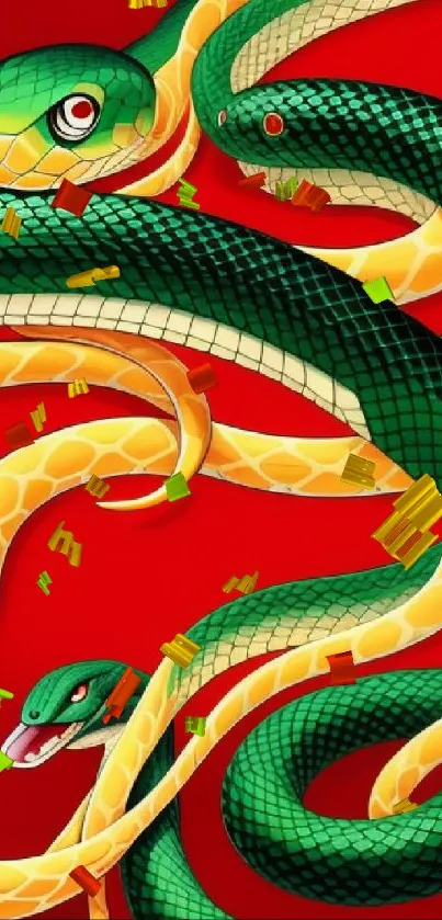 Green snakes on a vibrant red background, creating a dynamic art wallpaper.