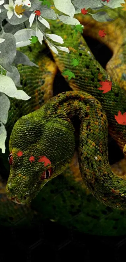 Vibrant green snake intertwined with floral accents on dark background.