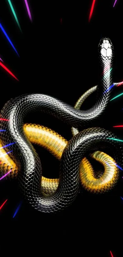 Black background with a vibrant, colorful snake design.