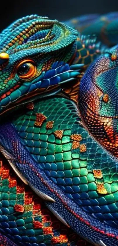 Colorful teal and orange snake art wallpaper with intricate patterns.