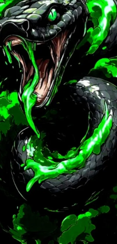 Vivid black and green snake art illustration on wallpaper.