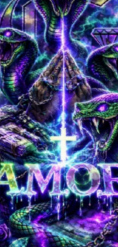 Mystical neon snake artwork with vibrant colors.