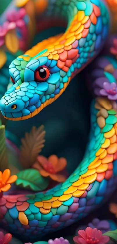 Colorful snake with floral elements mobile wallpaper.