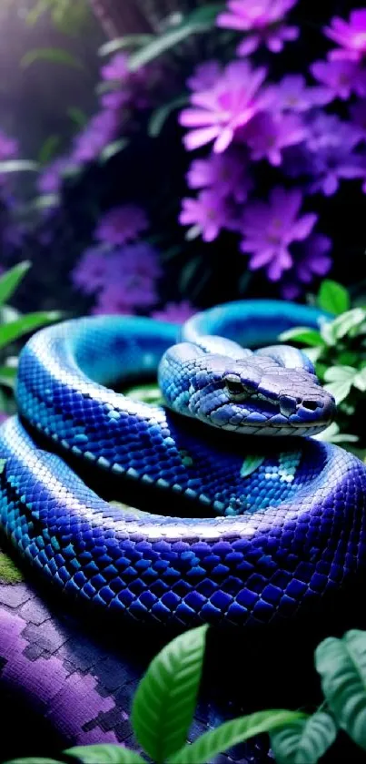 Blue snake coiled on moss with purple flowers in the background.