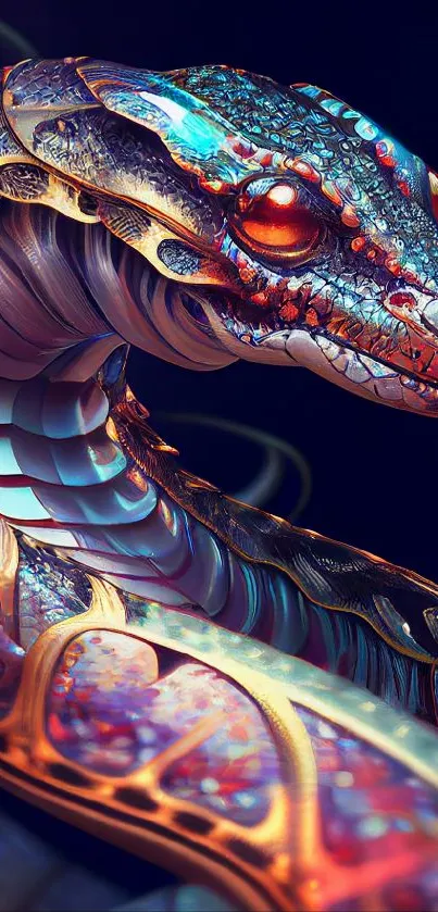 Vivid artistic snake wallpaper with colorful scales and detailed digital design.