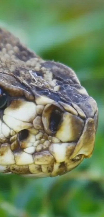 Close-up of a snake with vibrant green background.