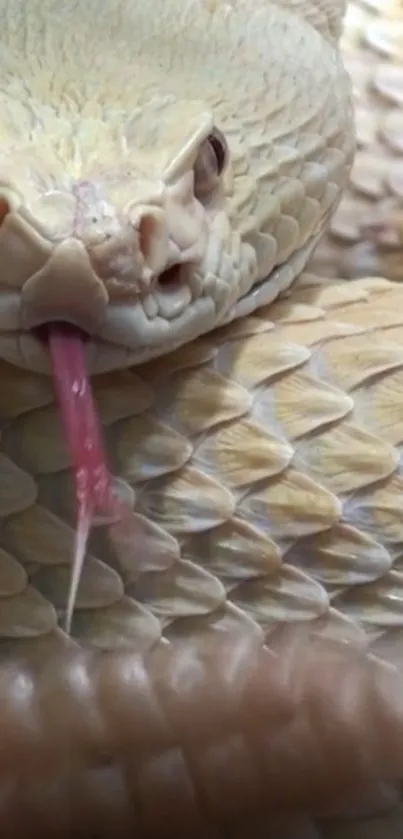 Close-up image of a beige snake with intricate scales and pink tongue.