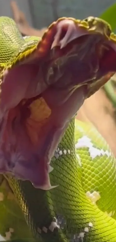 Close-up of a green snake showing vibrant scales and open mouth.