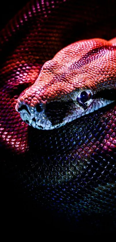 Close-up of a colorful snake with vibrant scales.