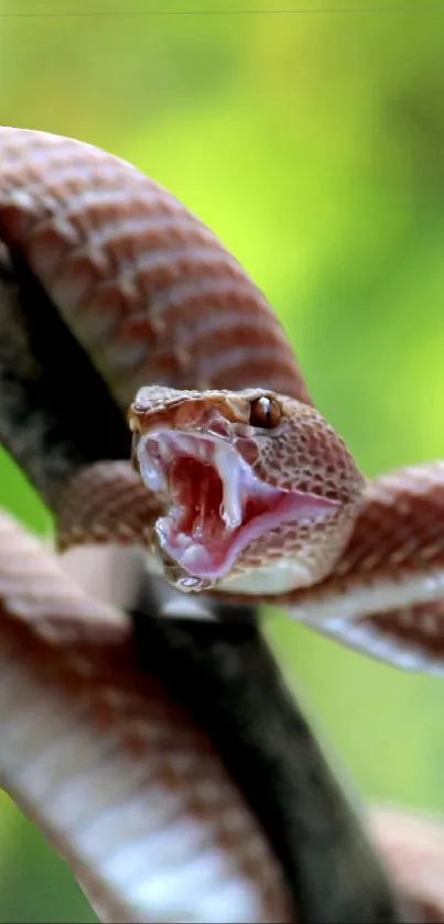 Close-up of vibrant snake with open mouth in a lush green setting.