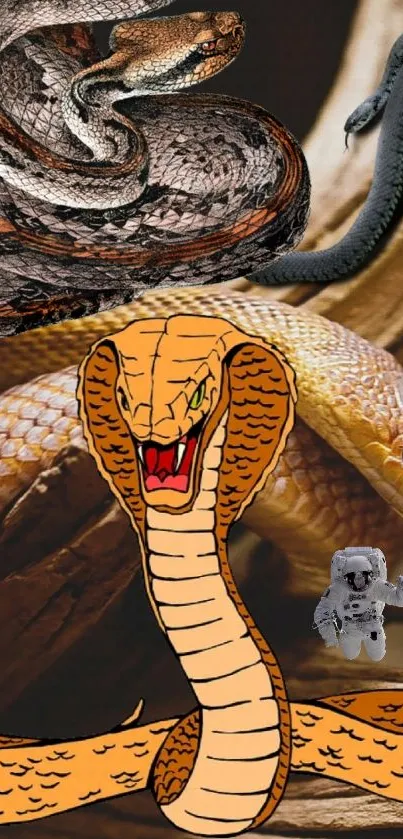 Collage of realistic and cartoon snakes in vibrant colors.