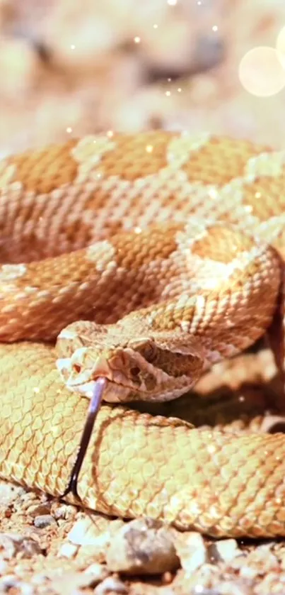 Golden viper coiled on sunlit desert sand, sparkles in background.