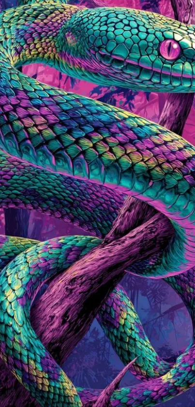 Vibrant snake coiled around forest branches.