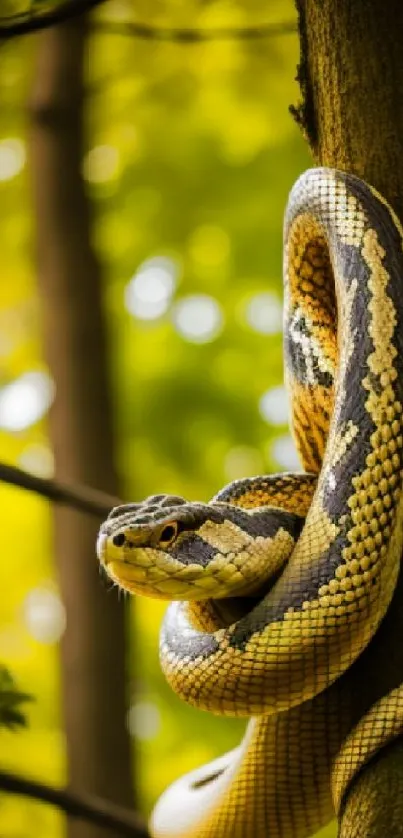 Coiled snake around a tree in a vibrant green forest background.