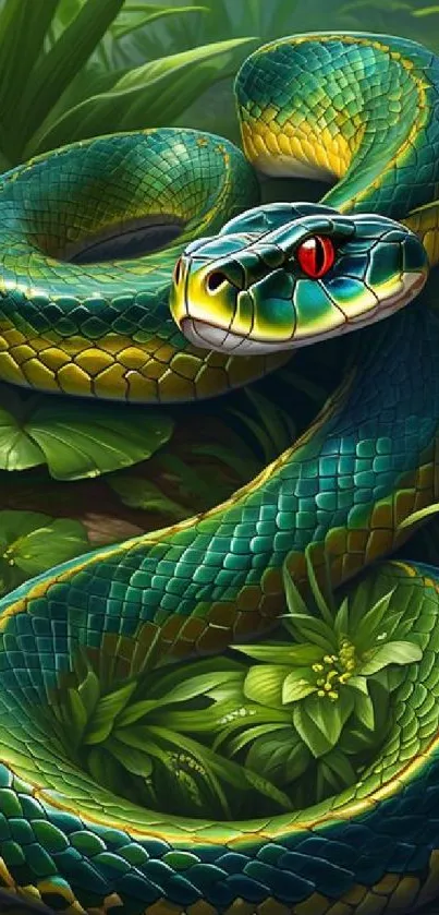 Vibrant snake coiled in lush jungle foliage with intricate green scales.