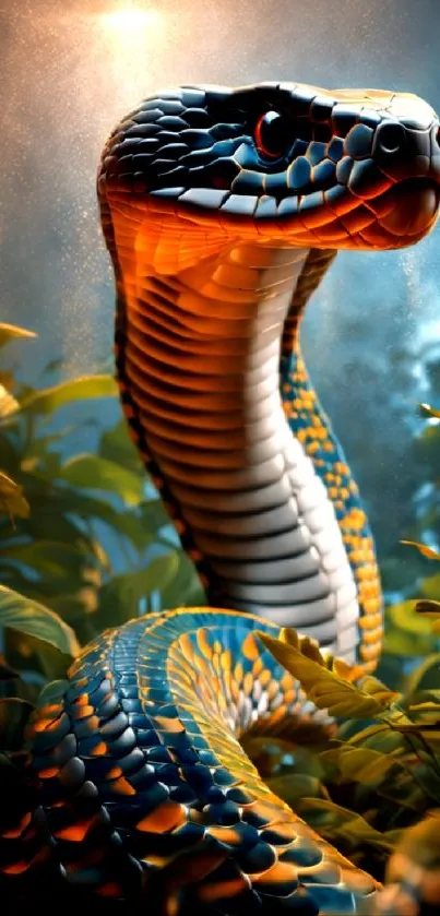 Vibrant snake amidst lush jungle foliage, basking in soft sunlight.