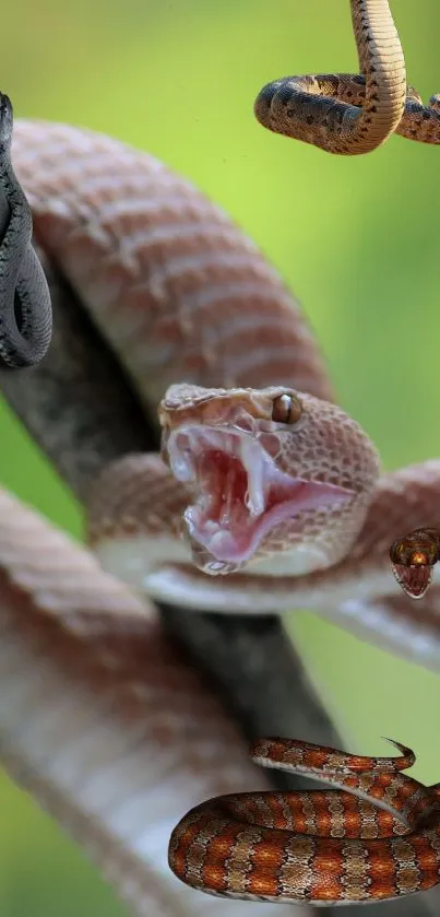 Vibrant jungle scene featuring three colorful snakes on a lush background.